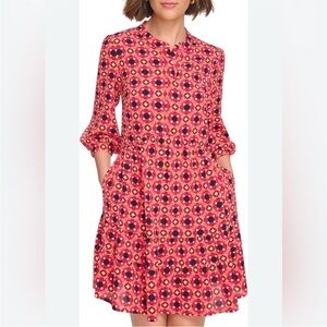 Eliza J 3/4 Sleeve Crewneck Red Printed Mini Shirt Dress with Ruffles Size 14